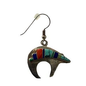 Navajo Rick Tolino Sterling Silver Dangle Drop Earrings Inlay Bear